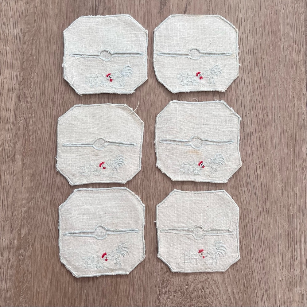 Vintage 6 PCs‎ Linen Wine Glass Slippers Coasters Embroioered Rooster 2.5” Blue
